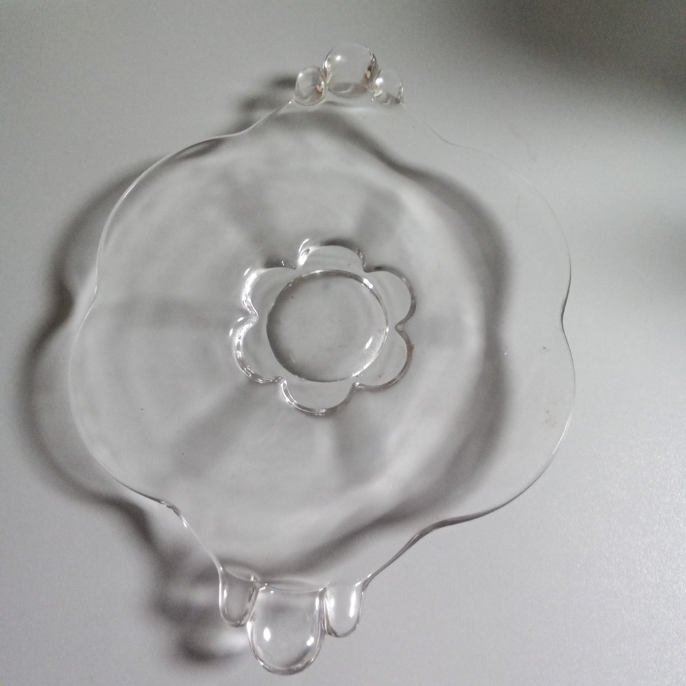 Vintage Clear Pressed Glass Scalloped Tray Flower Center Beaded Handles 10in